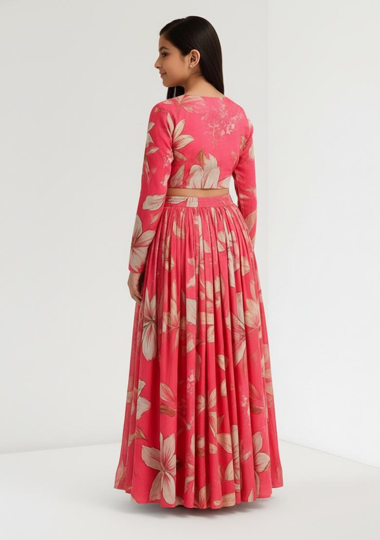 Girls Pink Floral Print Silk Lehenga Set