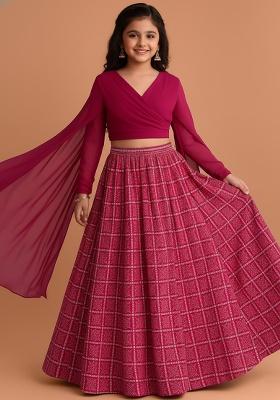 Girls Pink Figure Print Chinon Lehenga Set