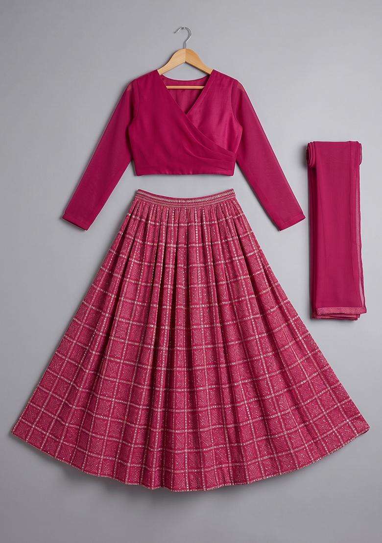 Girls Pink Figure Print Chinon Lehenga Set - Indya
