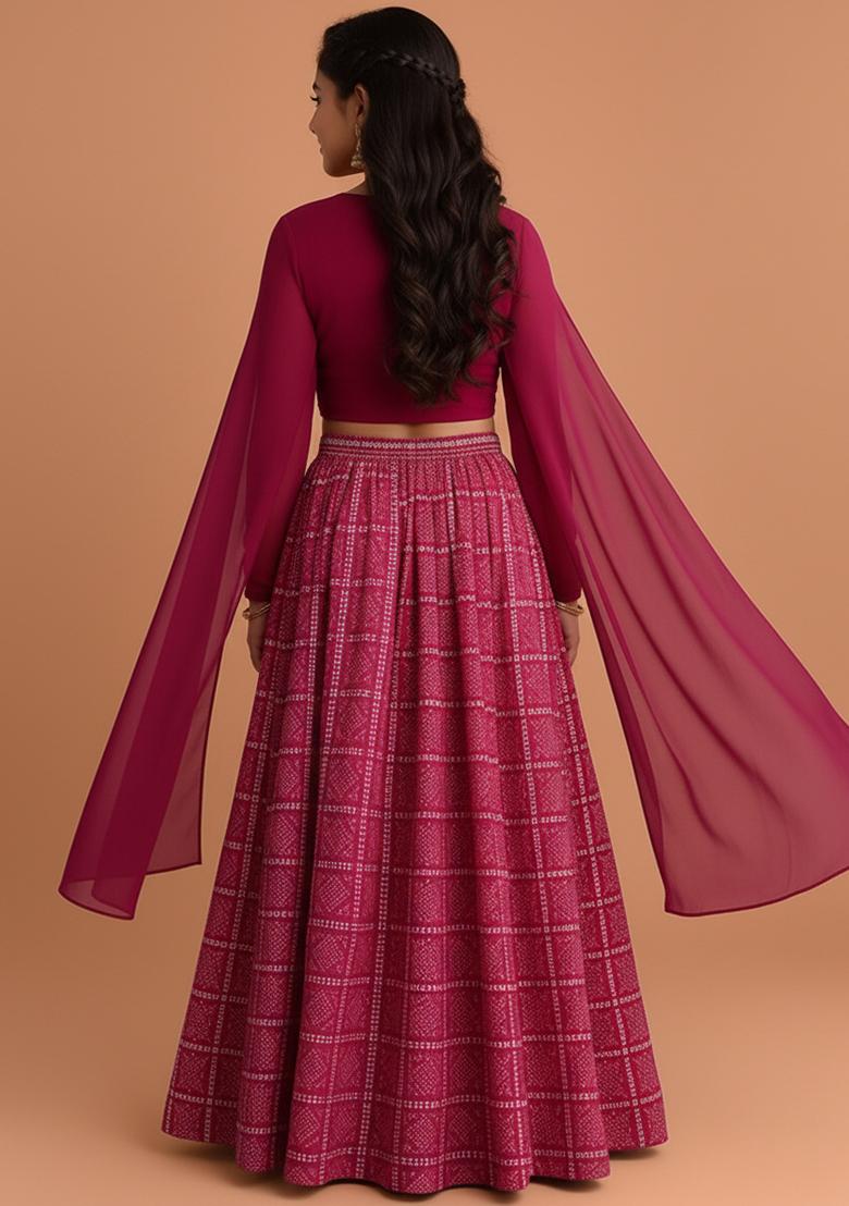Girls Pink Figure Print Chinon Lehenga Set - Indya