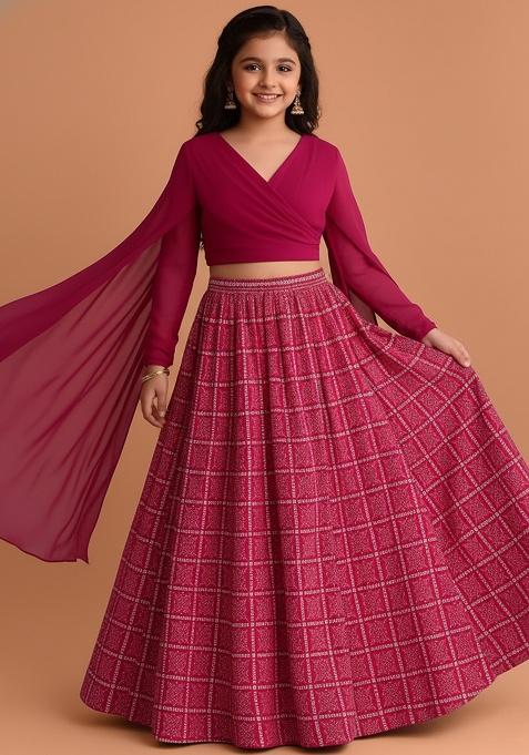 Girls Pink Figure Print Chinon Lehenga Set
