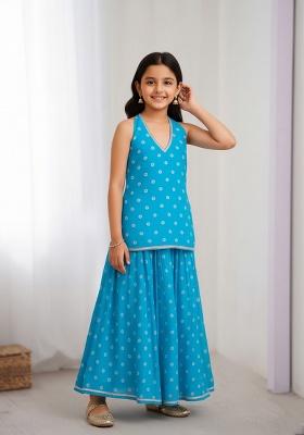 Girls Blue Figure Print Chanderi Lehenga Set