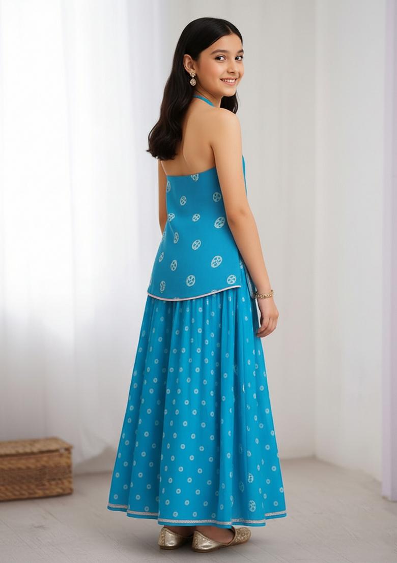 Girls Blue Figure Print Chanderi Lehenga Set