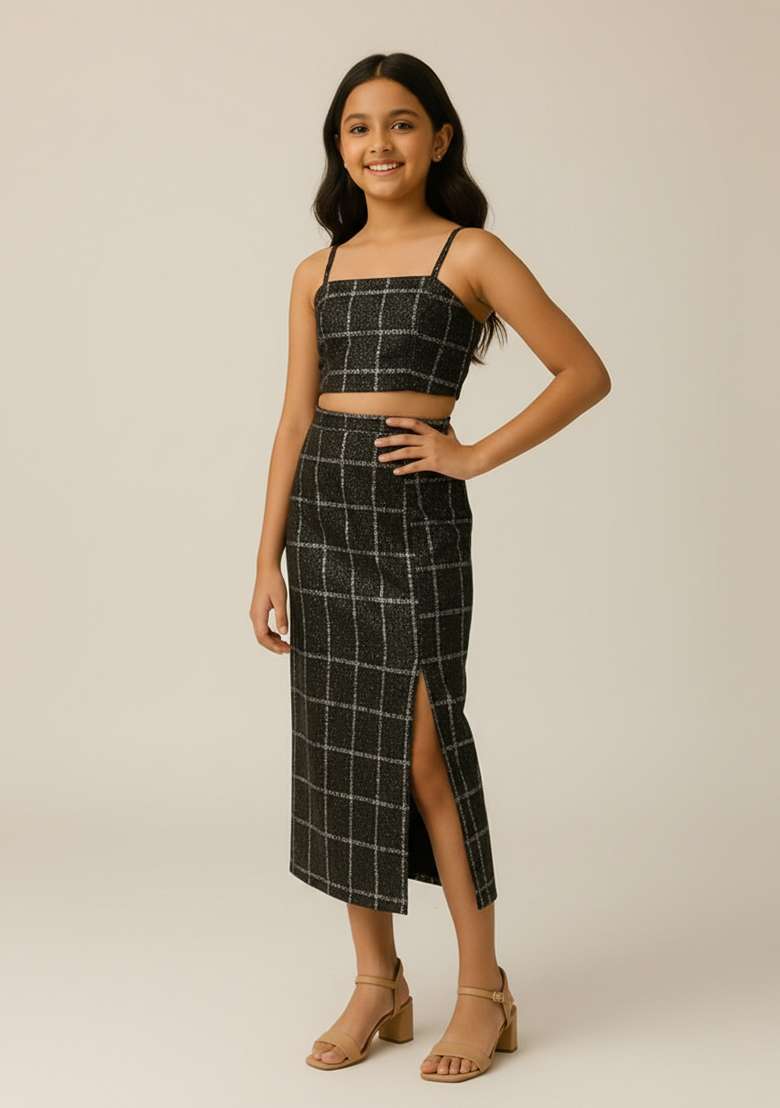 Girls Black Sequin Denim Co-Ord Set - Indya