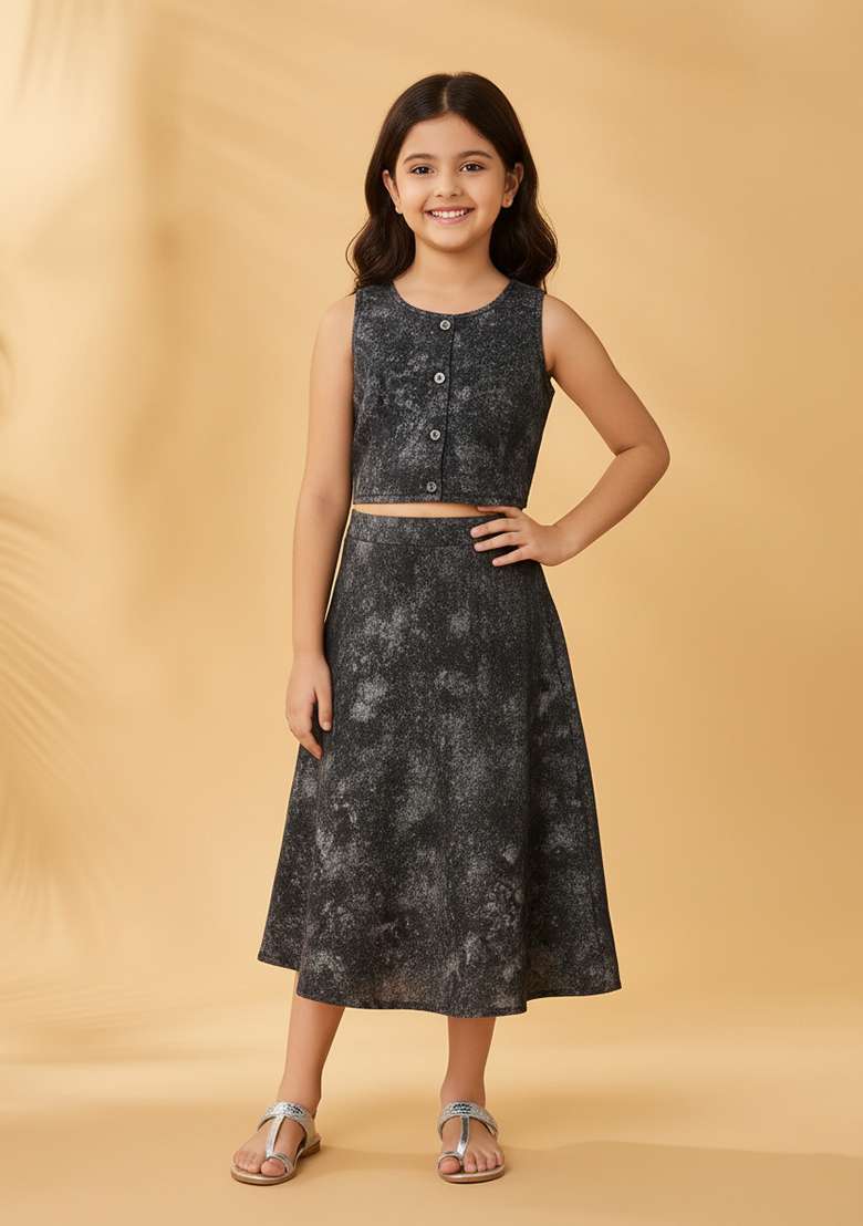 Girls Black Sequin Cotton Denim Co-Ord Set - Indya