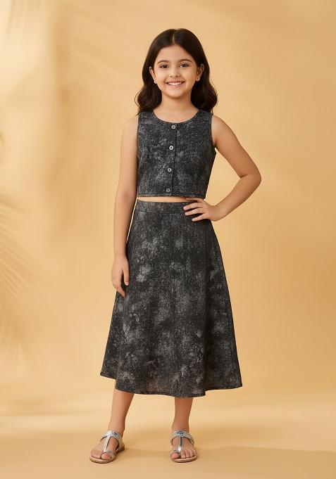 Girls Black Sequin Cotton Denim Co-Ord Set