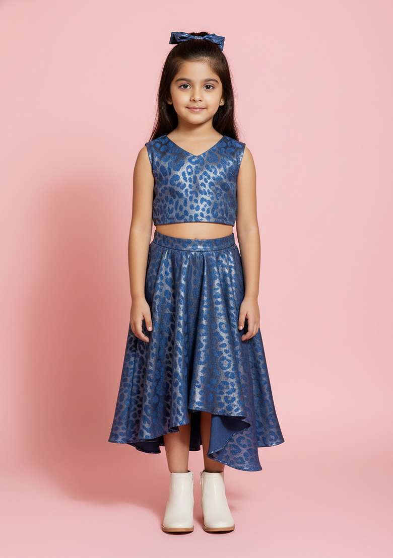 Girls Blue Foil Print Denim Co-Ord Set - Indya