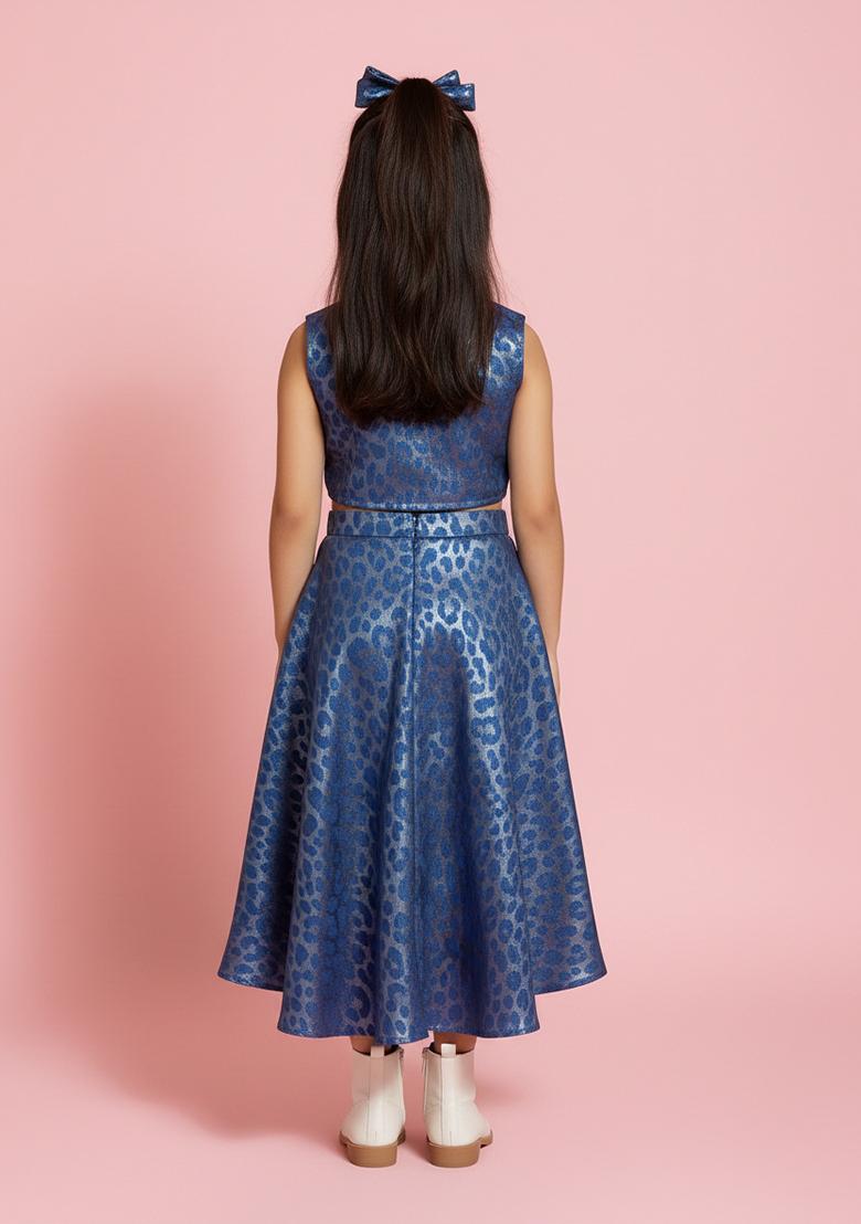 Girls Blue Foil Print Denim Co-Ord Set - Indya