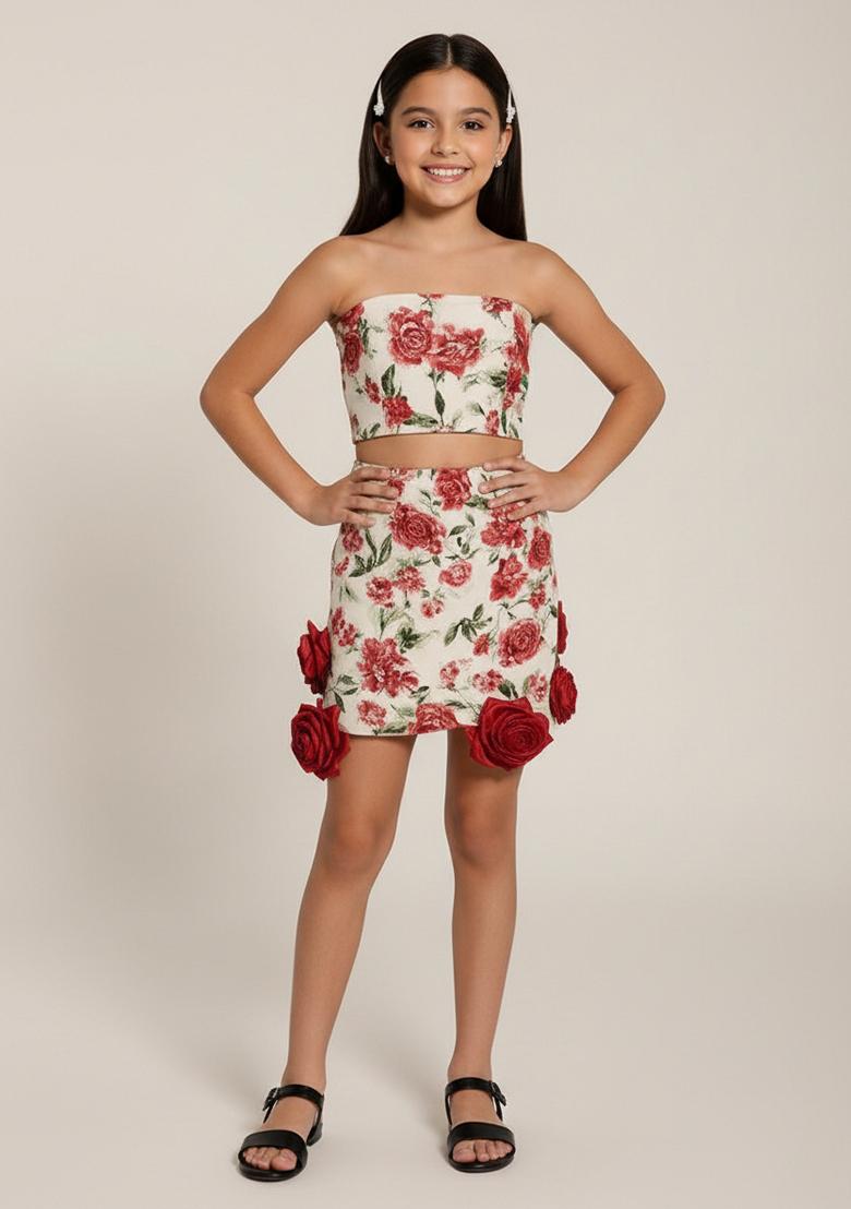 Girls White Floral Print Chanderi Skirt Set - Indya