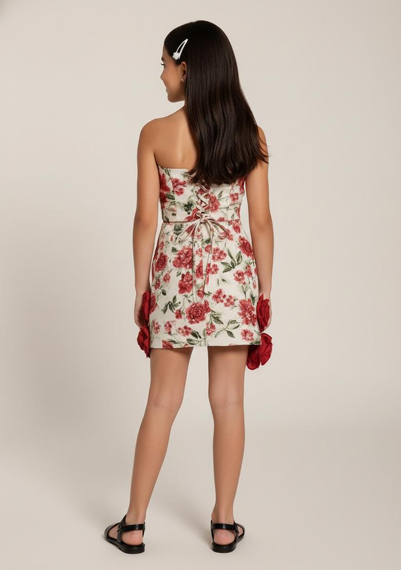 Girls White Floral Print Chanderi Skirt Set - Indya