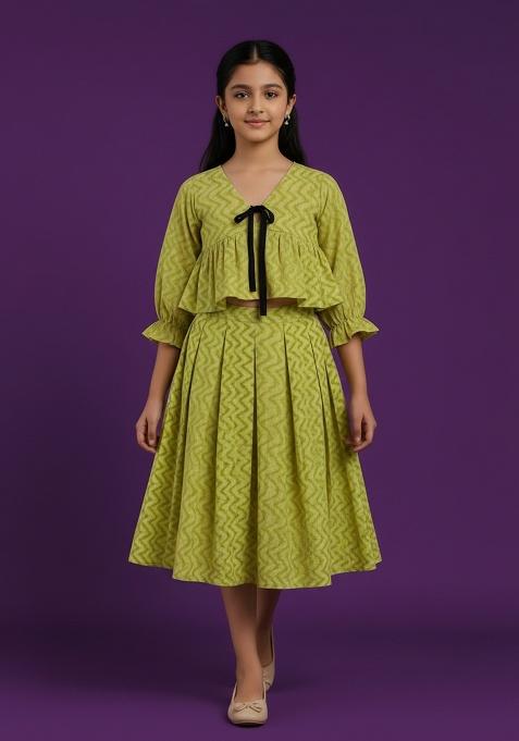 Girls Green Abstract Print Cotton Co-Ord Set