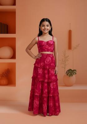 Girls Pink Floral Print Cotton Cambric Crop Top Skirt Set