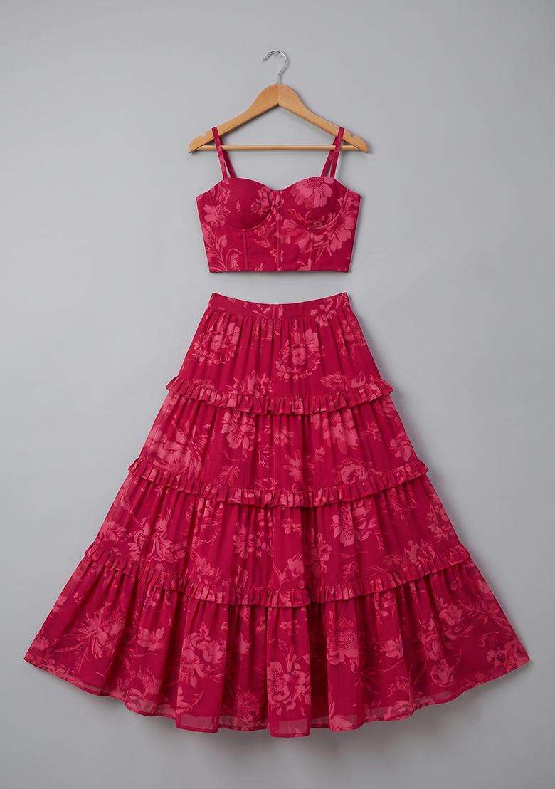 Girls Pink Floral Print Cotton Cambric Crop Top Skirt Set - Indya