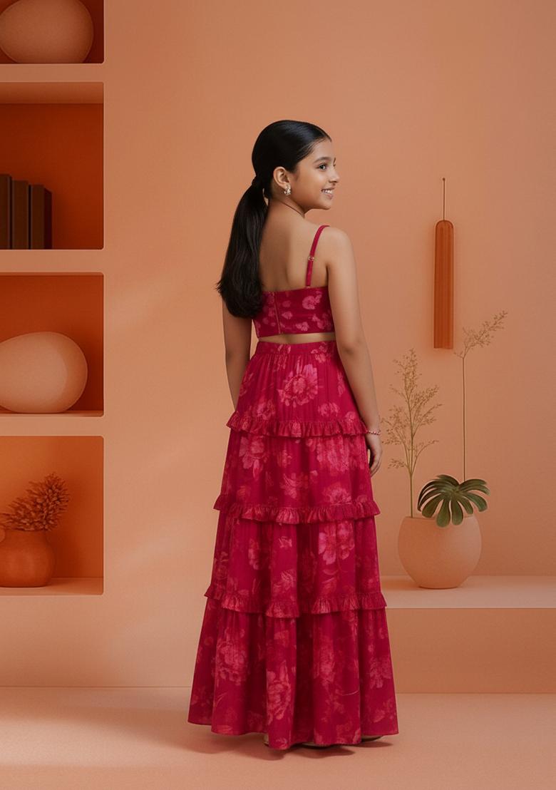 Girls Pink Floral Print Cotton Cambric Crop Top Skirt Set - Indya