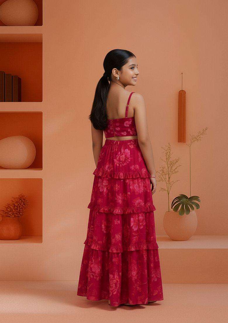 Girls Pink Floral Print Cotton Cambric Crop Top Skirt Set - Indya