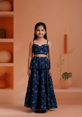 Girls Blue Floral Print Poplin Crop Top Skirt Set