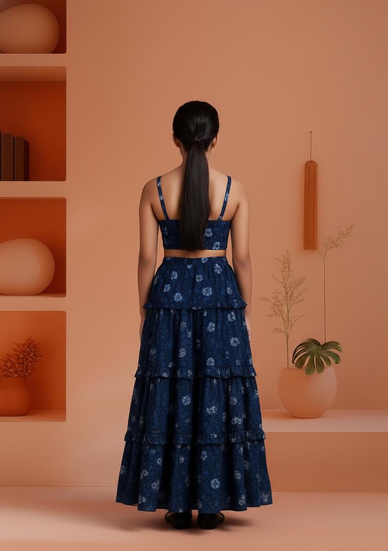 Girls Blue Floral Print Poplin Crop Top Skirt Set - Indya