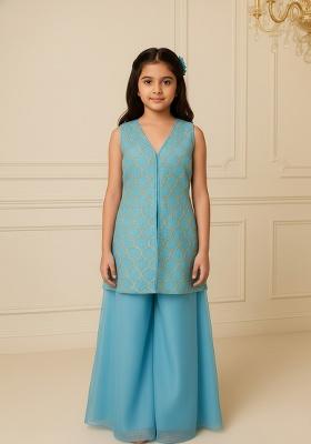 Girls Blue Embroidered Organza Sharara Set