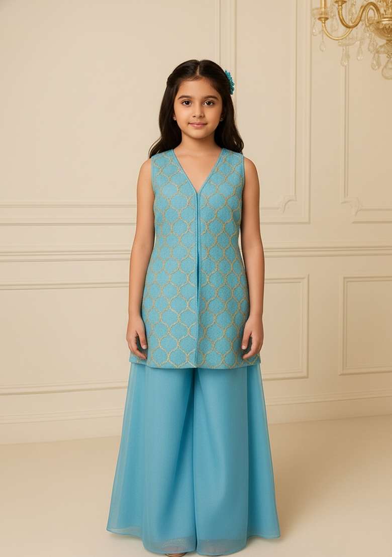 Girls Blue Embroidered Organza Sharara Set - Indya