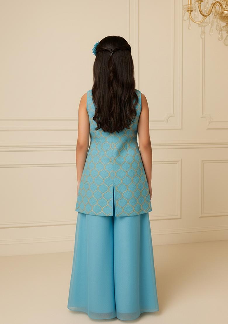 Girls Blue Embroidered Organza Sharara Set - Indya