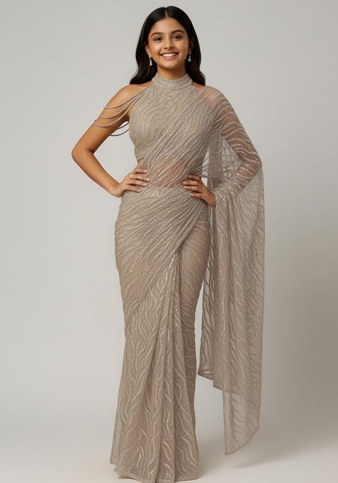 Girls Beige Embellished Net Pre Draped Saree Set