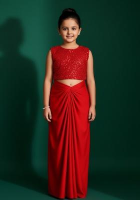 Girls Red Embellished Satin Fusion Set