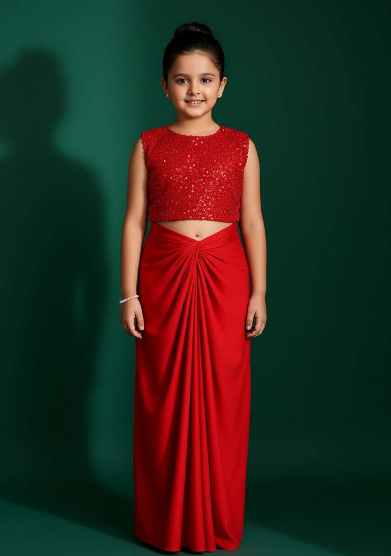Girls Red Embellished Satin Fusion Set - Indya