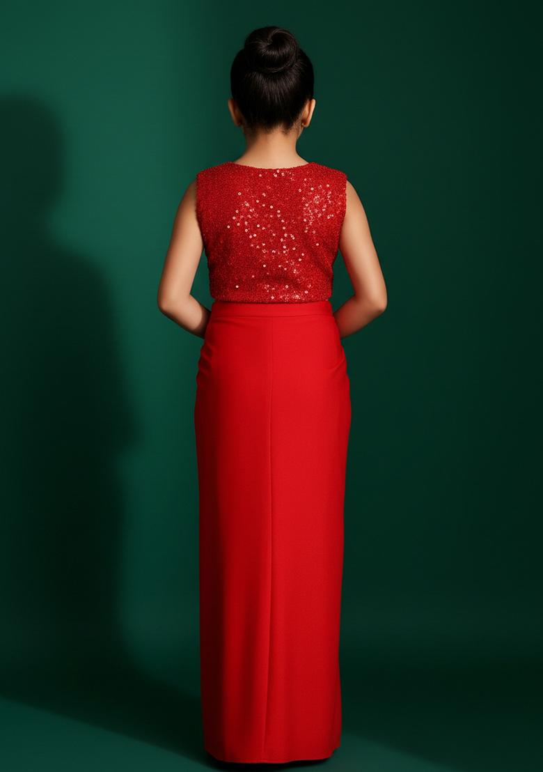 Girls Red Embellished Satin Fusion Set - Indya