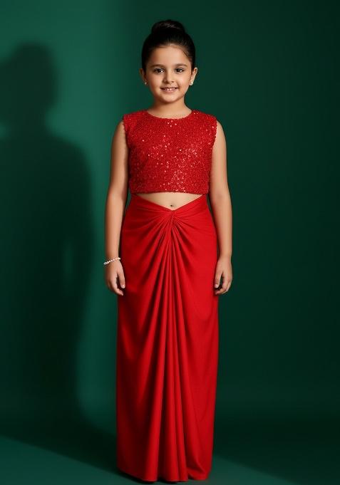Girls Red Embellished Satin Fusion Set