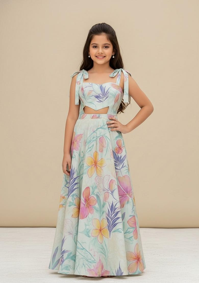 Multi Color Cotton Floral Print Dress For Girls