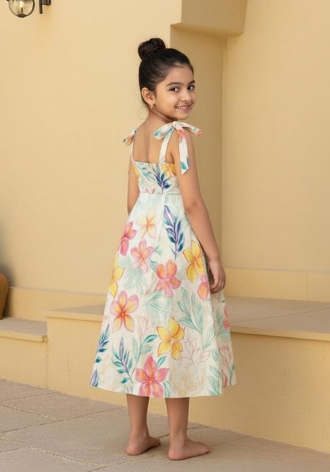 Multi Color Cotton Floral Print Dress For Girls