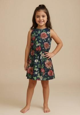 Blue Cotton Floral Print Dress For Girls