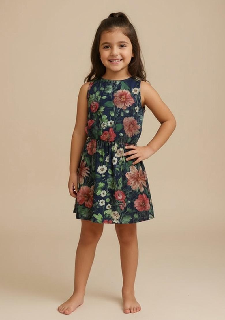 Blue Cotton Floral Print Dress For Girls