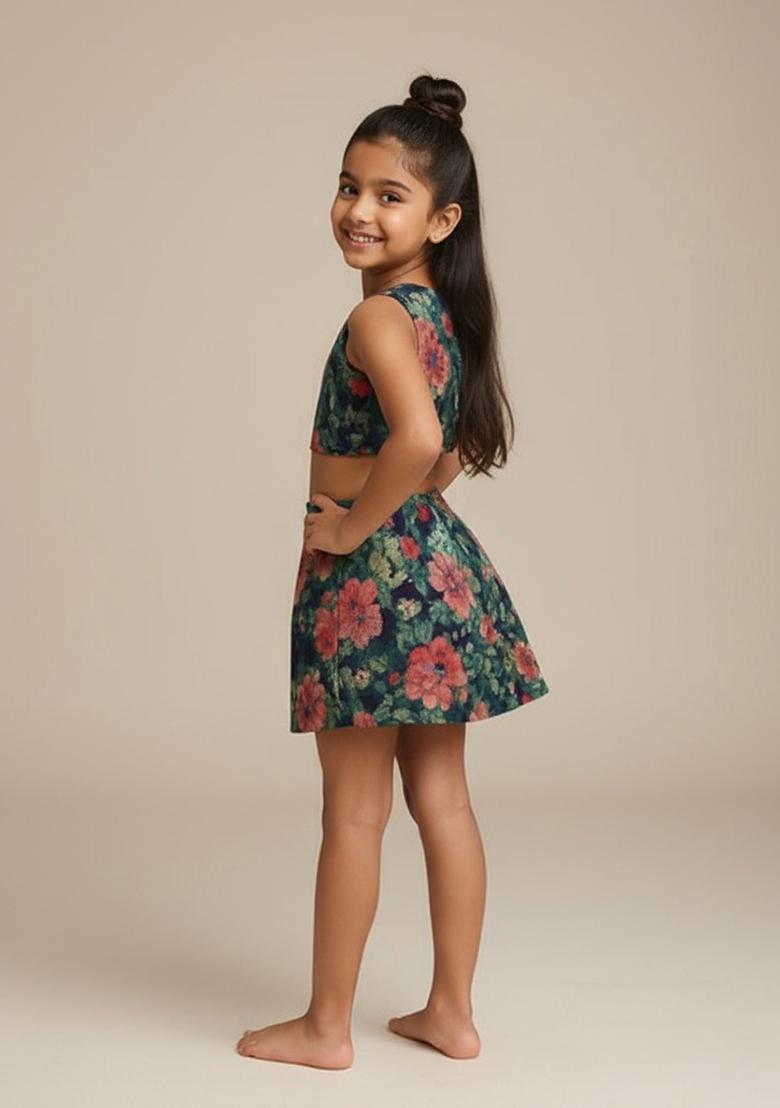 Blue Cotton Floral Print Dress For Girls