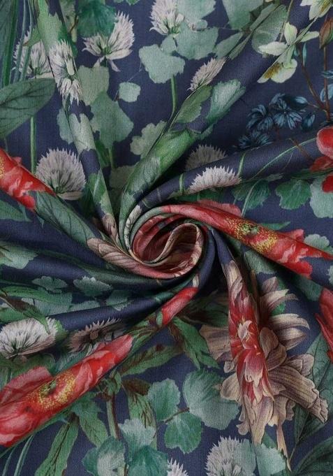 Blue Cotton Floral Print Dress For Girls