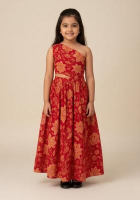 Red Cotton Floral Print Dress For Girls