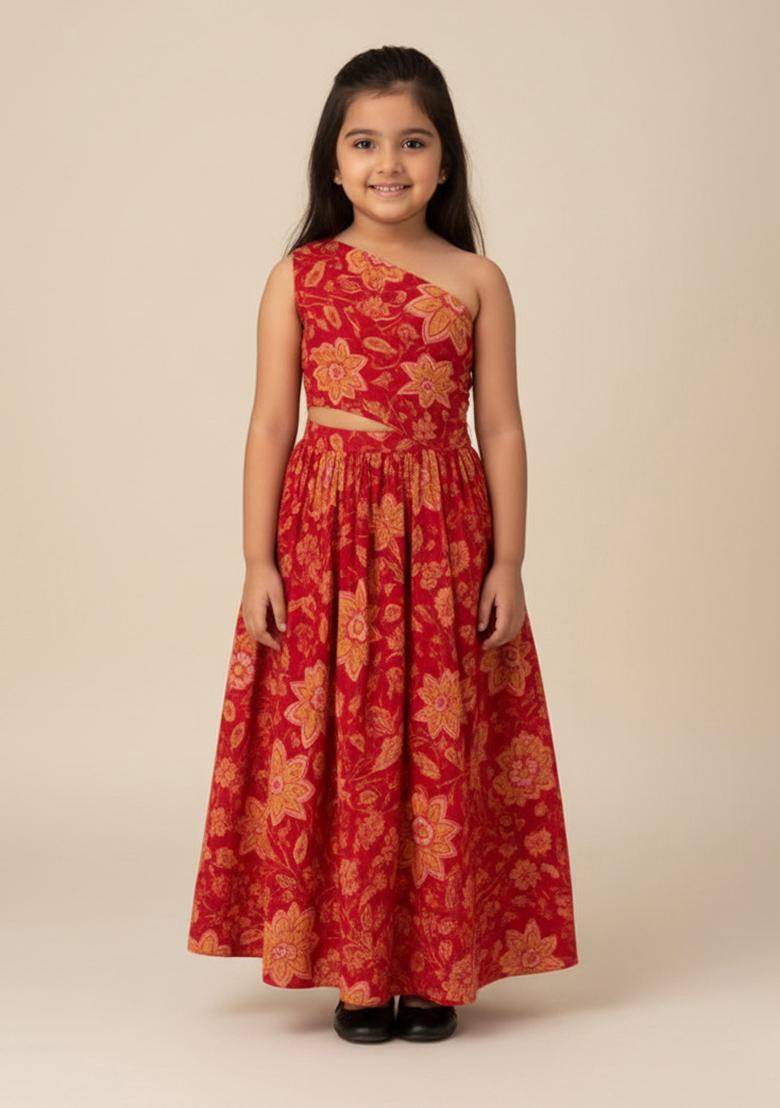 Red Cotton Floral Print Dress For Girls