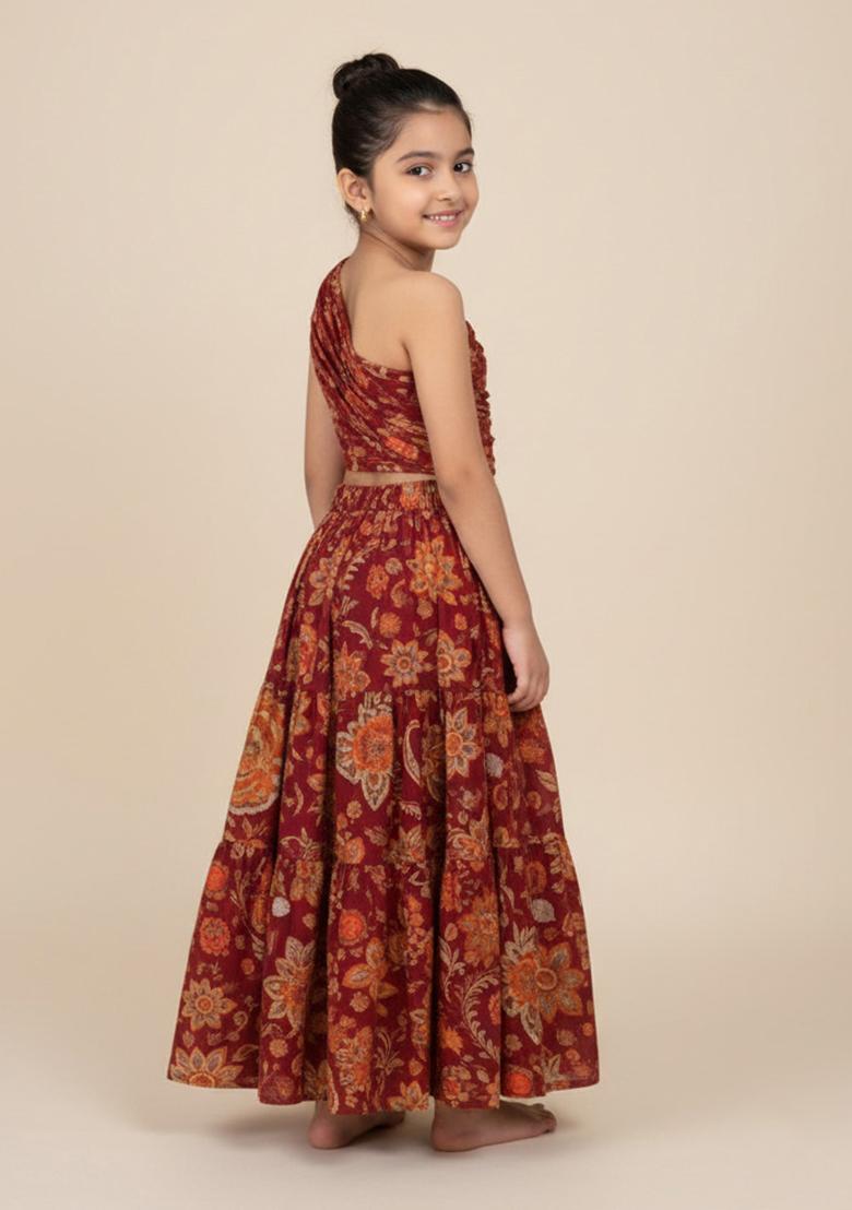 Red Cotton Floral Print Dress For Girls