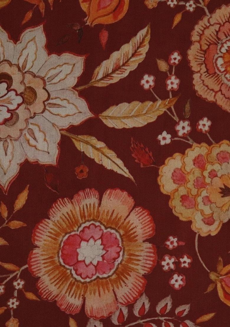 Red Cotton Floral Print Dress For Girls