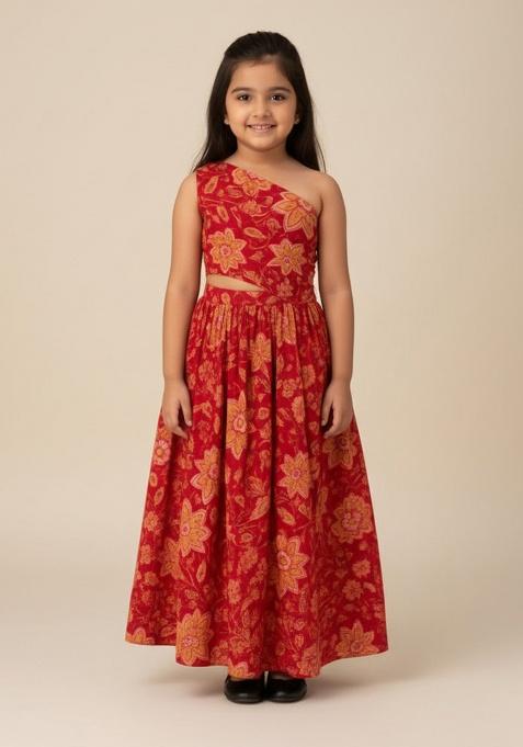 Red Cotton Floral Print Dress For Girls