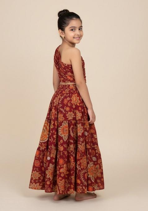 Red Cotton Floral Print Dress For Girls