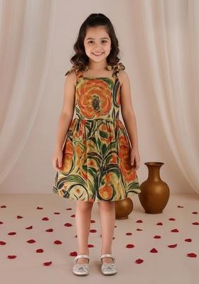 Multi Color Cotton Floral Print Dress For Girls