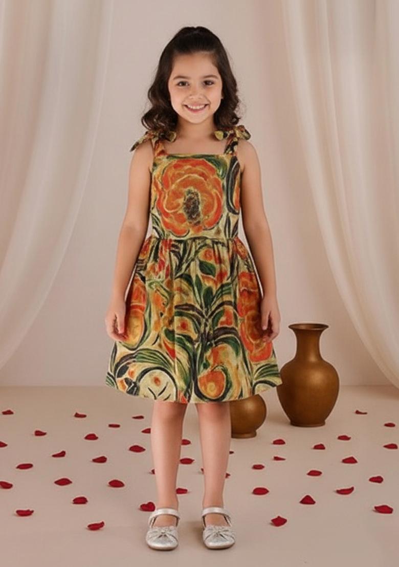 Multi Color Cotton Floral Print Dress For Girls