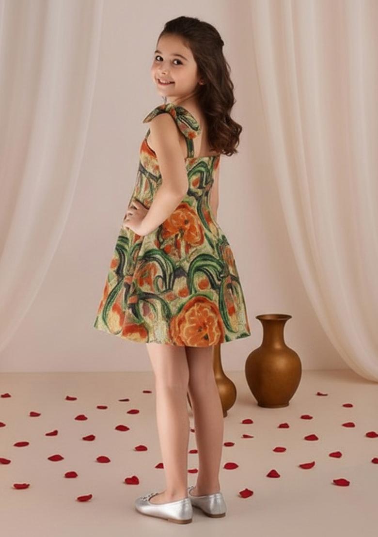 Multi Color Cotton Floral Print Dress For Girls