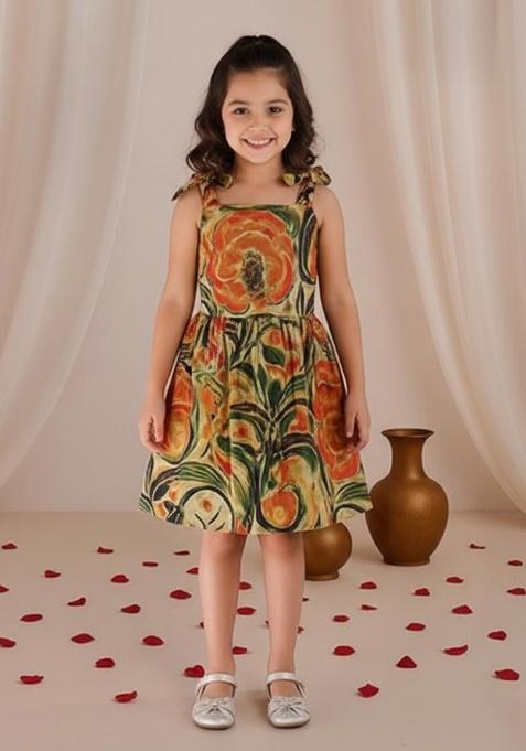 Multi Color Cotton Floral Print Dress For Girls