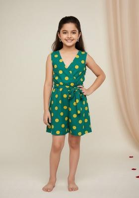 Teal Green Cotton Polka Dot Print Dress For Girls