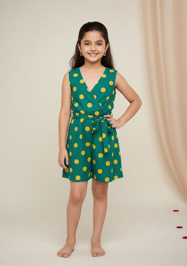 Teal Green Cotton Polka Dot Print Dress For Girls