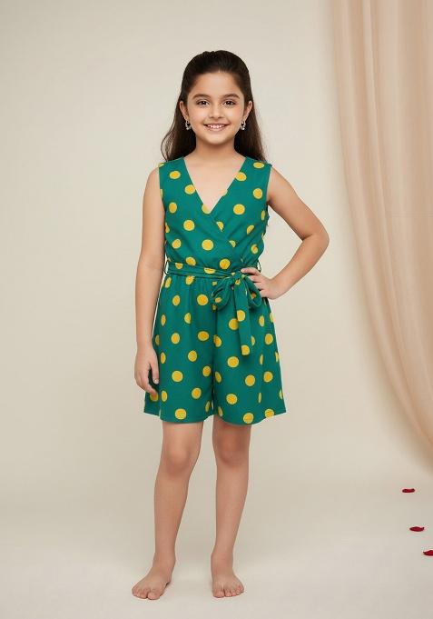 Teal Green Cotton Polka Dot Print Dress For Girls