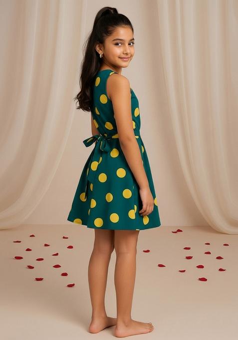Teal Green Cotton Polka Dot Print Dress For Girls