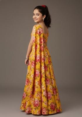 Yellow Satin Floral Print Fusion Set For Girls